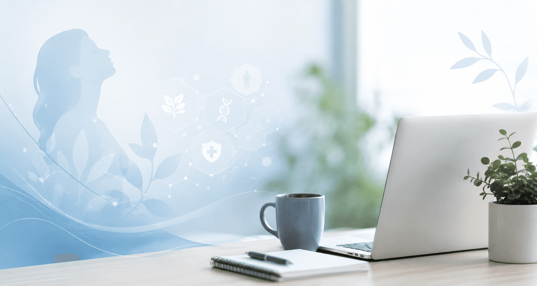 Desk with a laptop and notebook, wellness graphic overlay