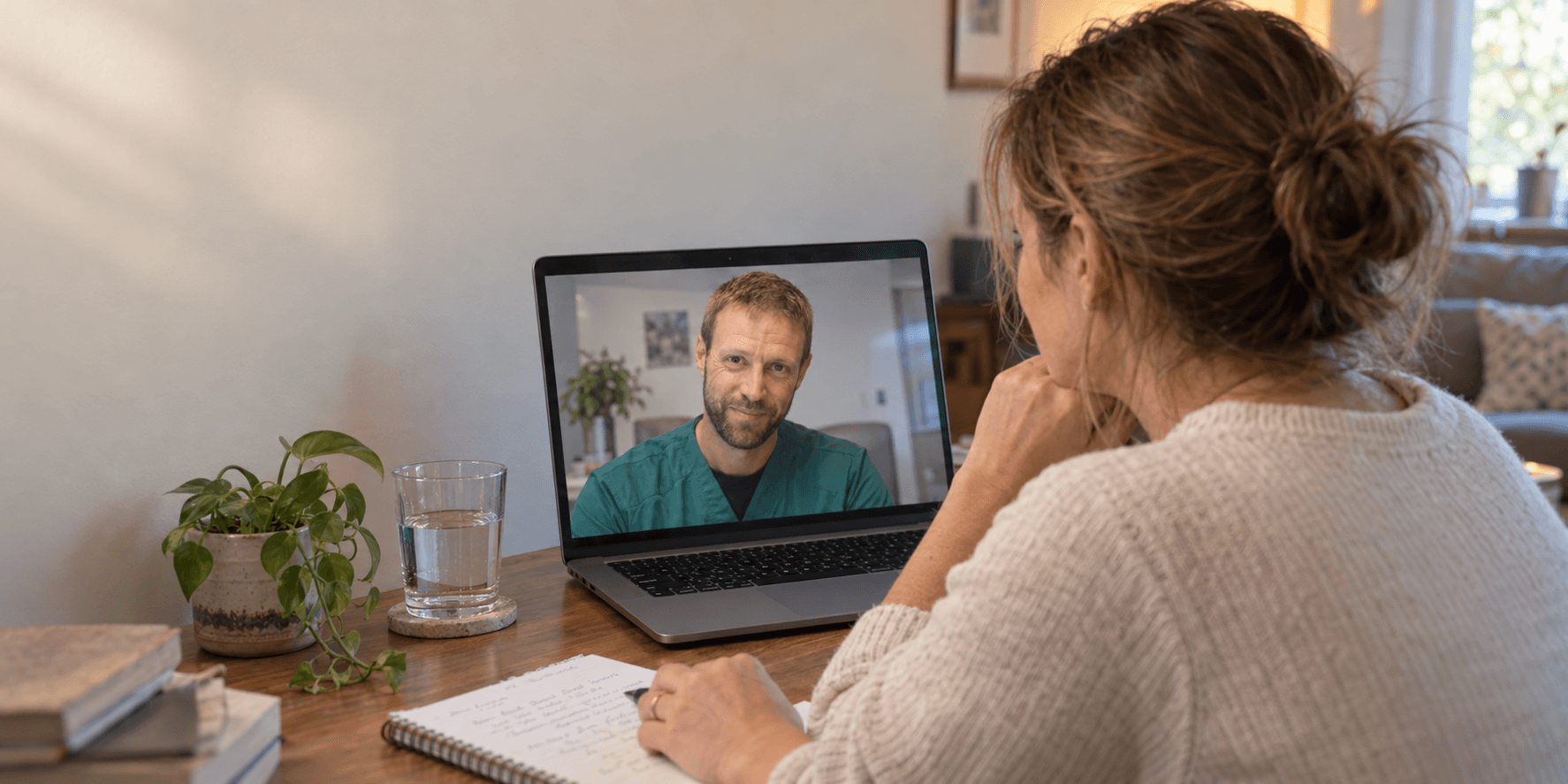 Doctor writing notes at a desk next to an open laptop