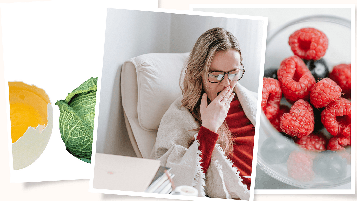 A collection of images featuring an egg, green cabbage, a woman in glasses yawning while seated in a chair, and a dish of fresh raspberries.