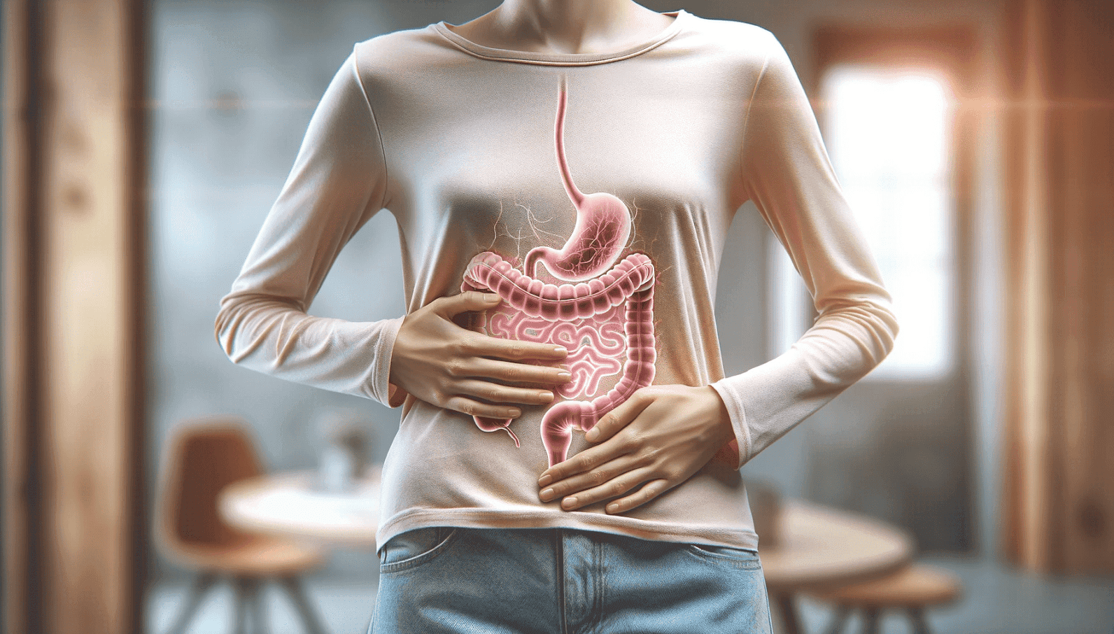 A person wearing a light-colored long-sleeve shirt, with an illustrated graphic of the human digestive system superimposed over their abdomen.