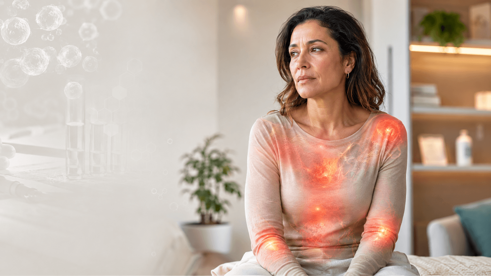 Woman at home with highlighted joints beside laboratory glassware, illustrating hidden inflammation